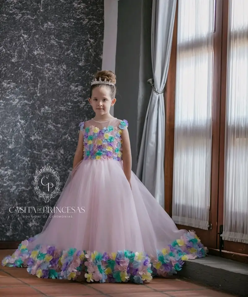 Rainbow Floral Girls Birthday Party Dresses Customized Princess Flower Girl Dresses Baby Kids Ball Gowns for Photo Shoot