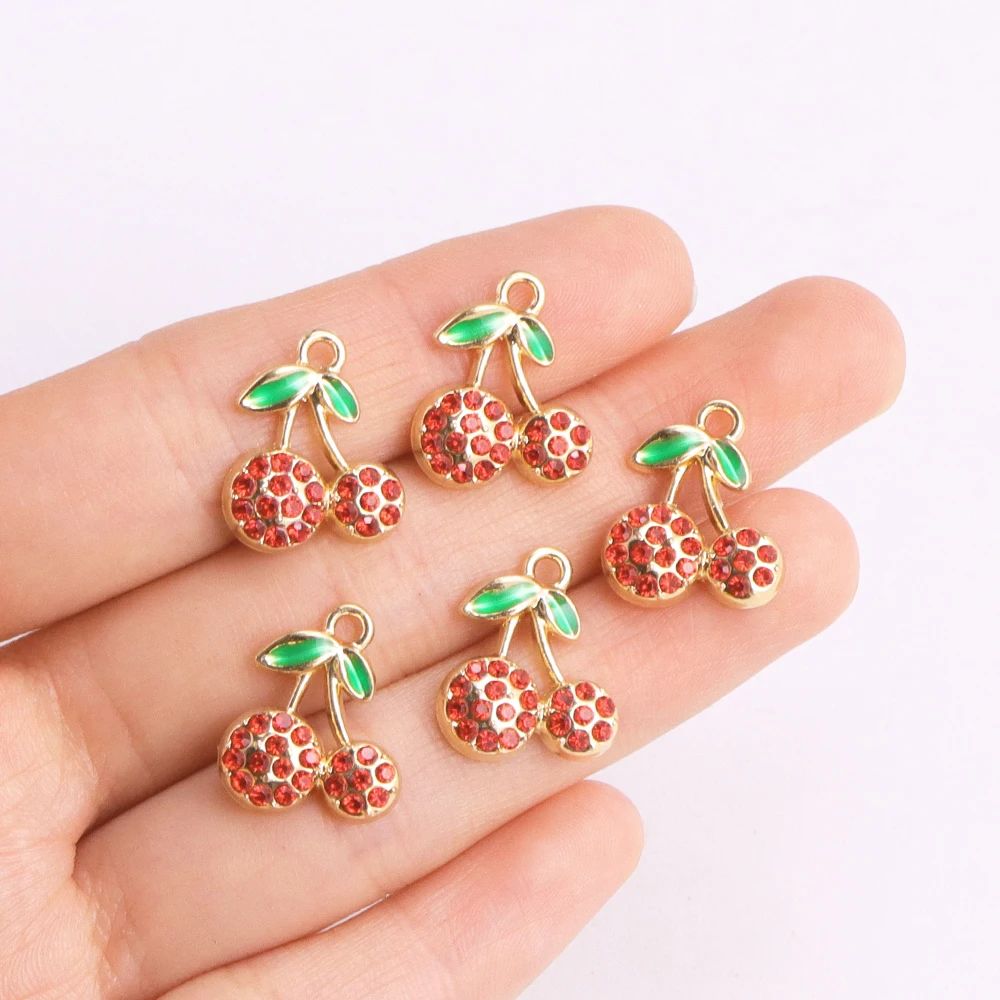 10Pcs Zircon Red Cherry Charms KC Gold Color Fruit Pendant Necklace Earrings DIY Jewelry Making High Quality Charms Supplies