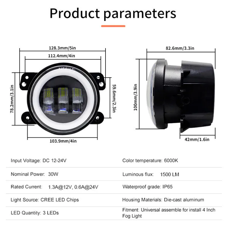 4 inch Car LED Headlight 30W LED Fog Light With White Halo Ring DRL Angel Eyes Light For Jeep Wrangler JK Dodge Off-Road