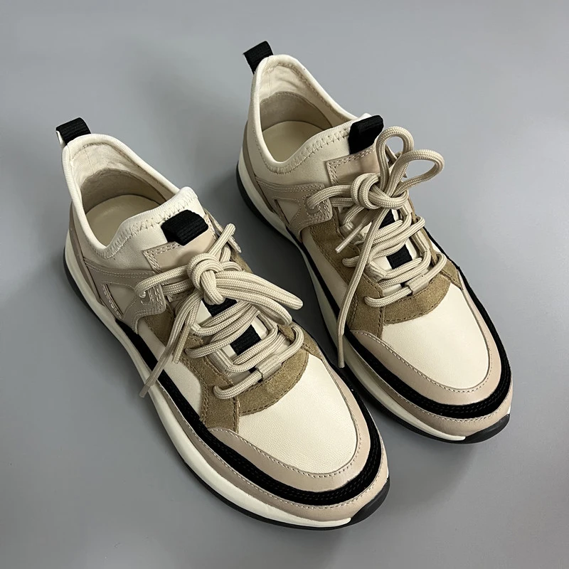 Mrxmus 2023 New Women Fashion Genuine Leather Patchwork Thick-soled Shoes Lacing Sneakers Versatile Casual Shoes Female Chic