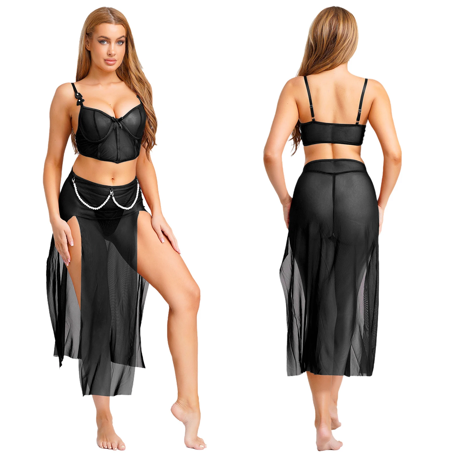 

Women See Through Mesh Sexy Lingerie Sets Club Nightwear Unlined Underwire Bra Corset with T-back Thong And Split Maxi Skirt