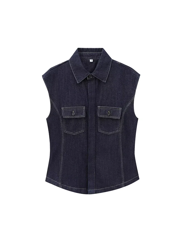 Willshela Women Fashion With Pockets Denim Blue Single Breasted Waistcoats Vintage Lapel Neck Sleeveless Jackets Female Tank Top