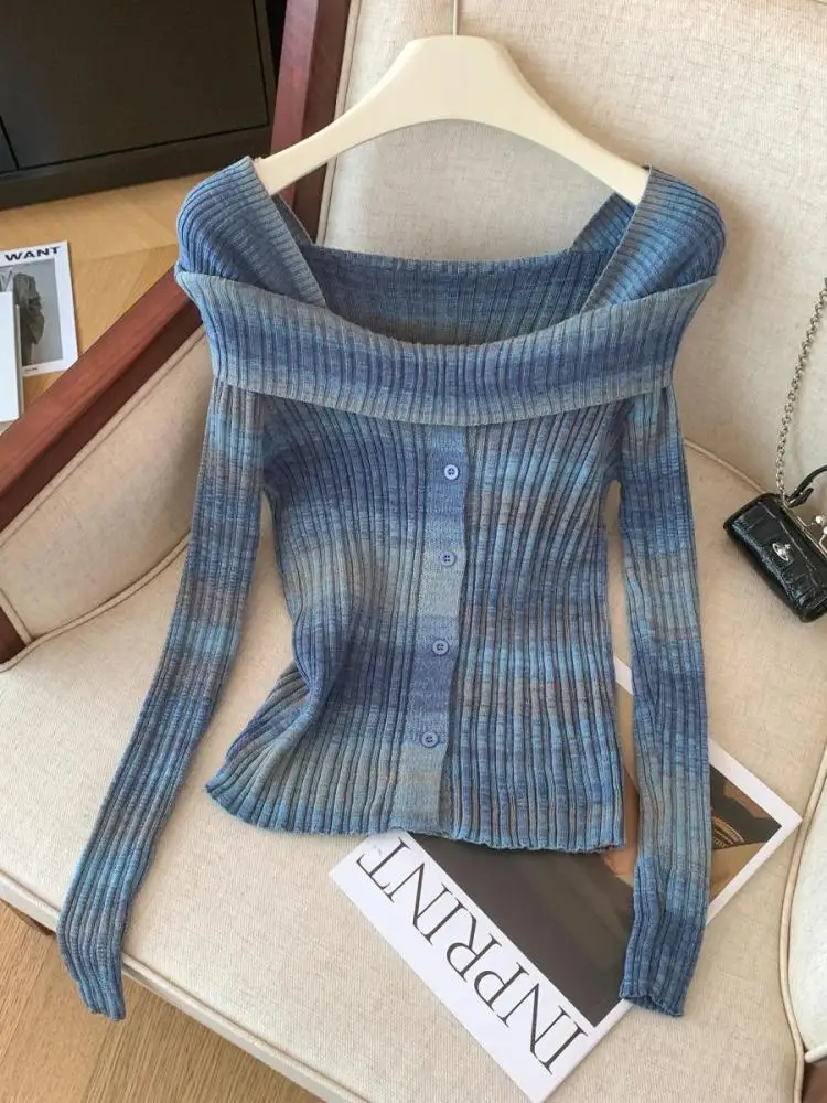 

Women Blue Orange Patchwork Square Neck Long Sleeve Pullover Sweater Fashion Autumn Winter Slim Versatile Knitwear Tops Clothing