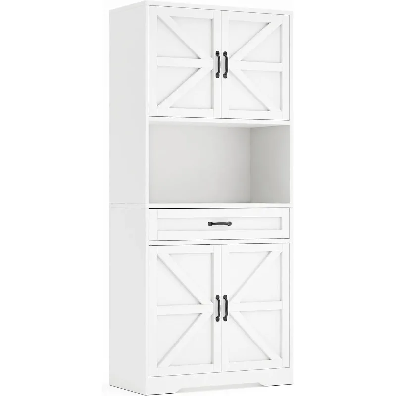 

70 Tall Storage Cabinet, White Pantry Cabinet with Doors and Drawer, Modern Organizer with Adjustable Shelves, Wood Cup