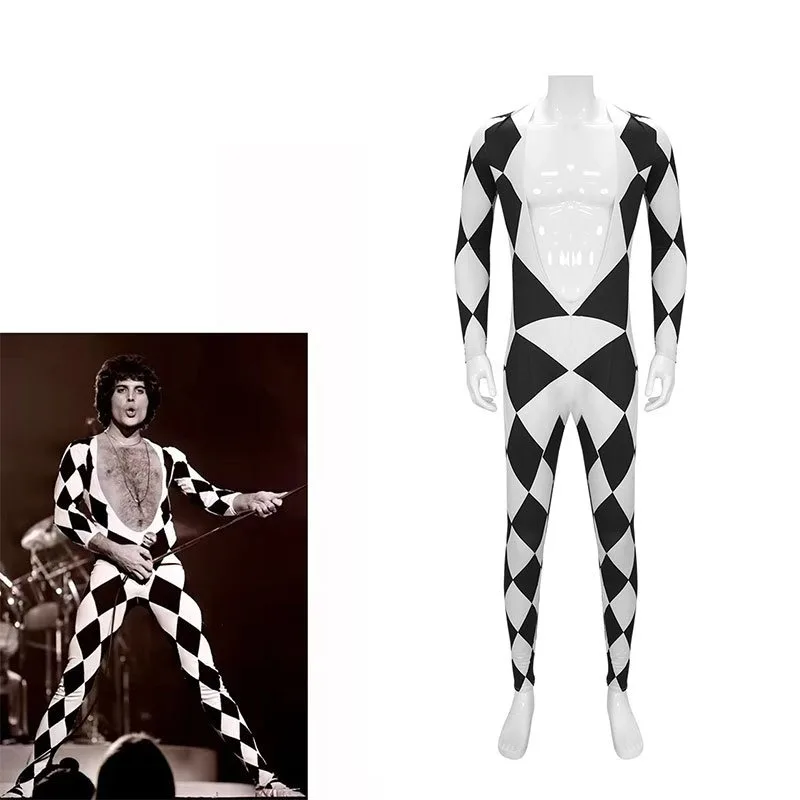 

Freddie Cosplay Jumpsuit Black And White Bosysuit Lead Vocals Singer Jumpsuit Stage Performance Costume Halloween Carnival Party