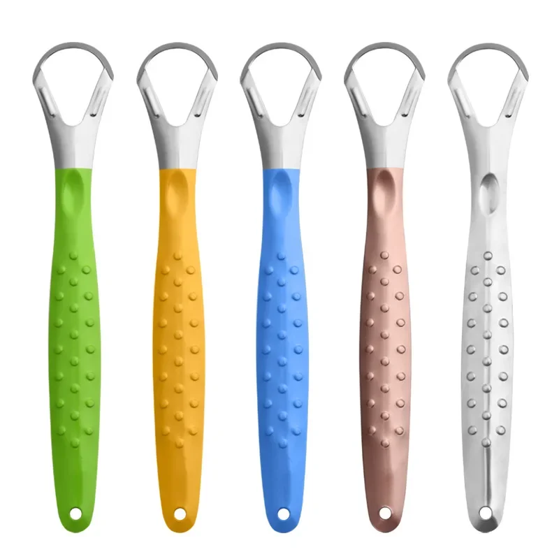 Colorful Portable Tongue Cleaner Tongue Scraper Reusable Stainless Steel Oral Mouth Brush Travel Case Non-slip Handle