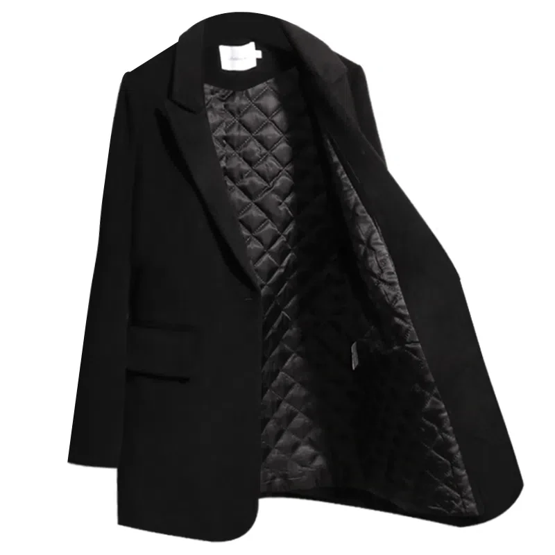 Black Thickened Woolen Coat For Women 2025 New Autumn And Winter Korean Version Waist Closing Black Add Cotton Women's Blazer