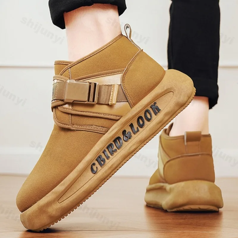 

2025 зимние мужские высокие теплые толстые плюшевые однотонные хлопковые короткие ботинки, винтажные универсальные удобные зимние ботинки из волосатого плюша на массивном каблуке