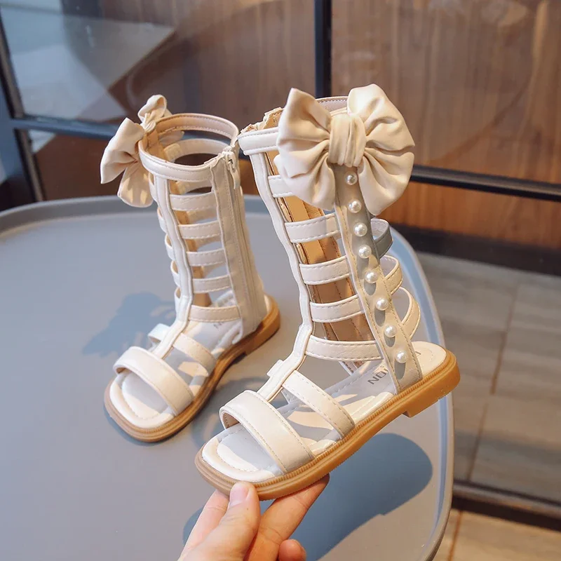 Girls Long Roman Boots Children High-top Leatehr Sandals Summer Fashion Kids Pearls Gladiator Sandals with Bowtie Princess Hot