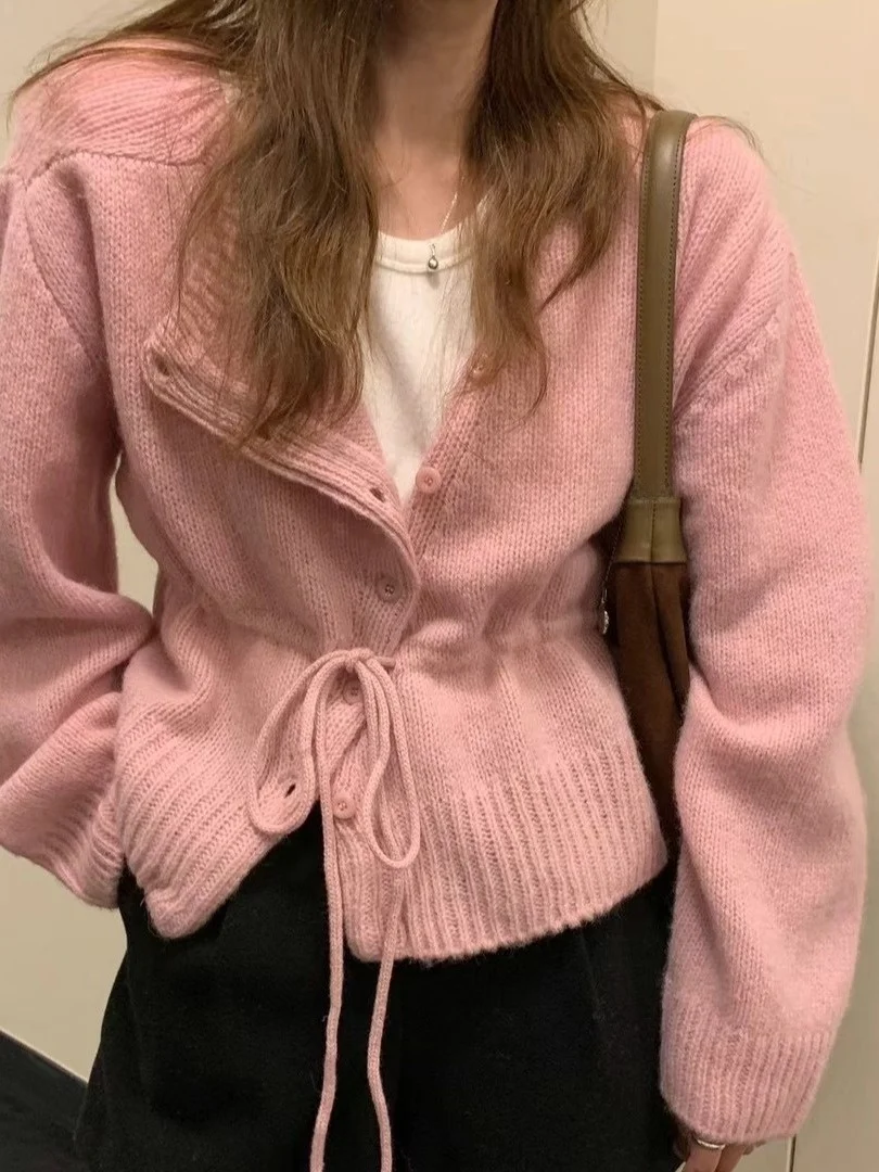 

Chic Autumn Winter Knitted Long Sve round Ne Sweater Women's Single Button Dstring Slimming Versatile Color Kni...