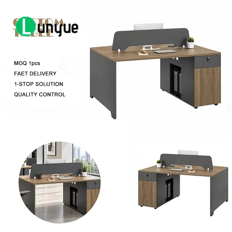Modern Wood Grain Office Workstation with Dark Grey Privacy Baffle and Side Locker for Computer Tower Cubicle Desk