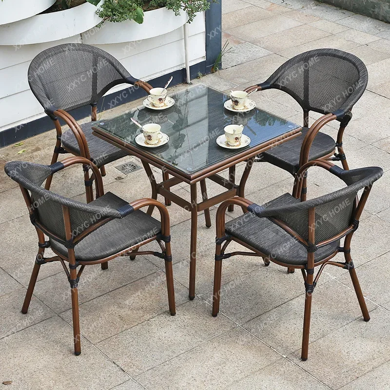 Table and Chair Courtyard Terrace Balcony Small Table and Chair Combined Tea Table Sets Coffee Shop Outdoor Leisure Rattan Chair