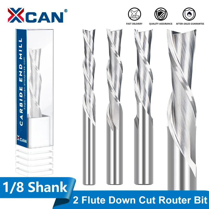 XCAN Down Cut Router Bit 1/8 Shank Carbide Milling Cutter 2 Flute CNC Machine End Mill for Woodworking MDF Cutting