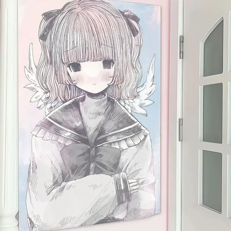 VIKAMA Anime Girl Sailor Tapestry Wall Hanging Pink Blue Wings Bow Melancholy Manga Line Art Aesthetic Wall Art Room Decor