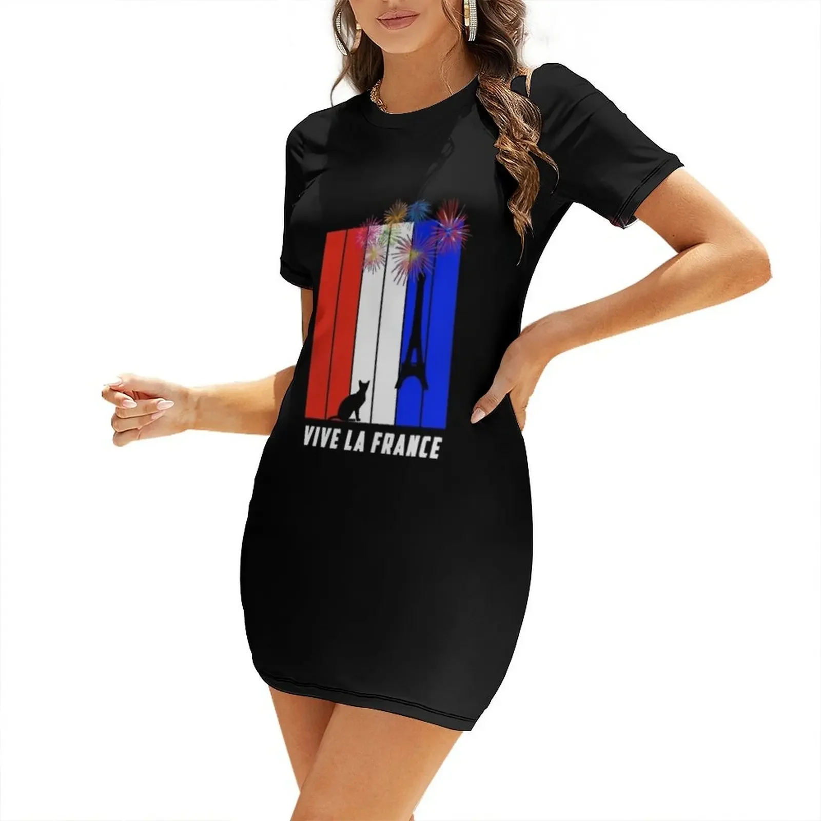 Vestido de manga corta divertido con diseño de gato y tricolor francés para el Día de la Bastilla, 14 de julio, vestido de invitada de boda 2026, vestidos de lujo para mujer