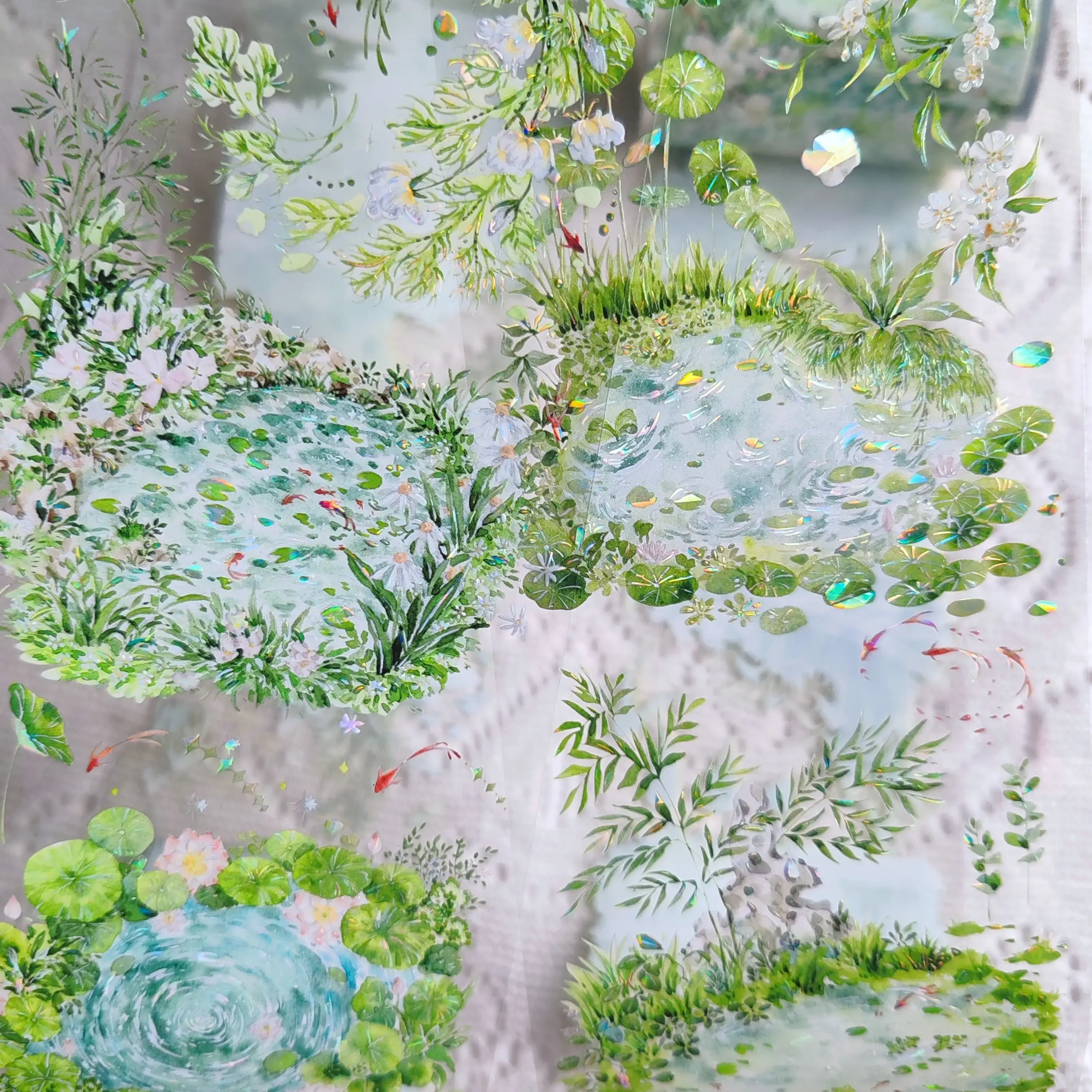 비 연못 물 풍경 장식 콜라주 휴대폰 백 카드 pet 테이프, 쉘 반짝이