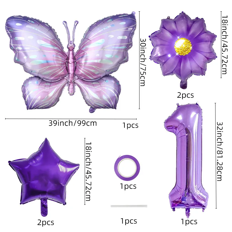 Fioletowy motyl zestaw balonów fioletowy numer 1 2 4 5 6 7 8 9 9 lat przyjęcie urodzinowe dekoracyjny balon zestaw balonów sprzedaż hurtowa