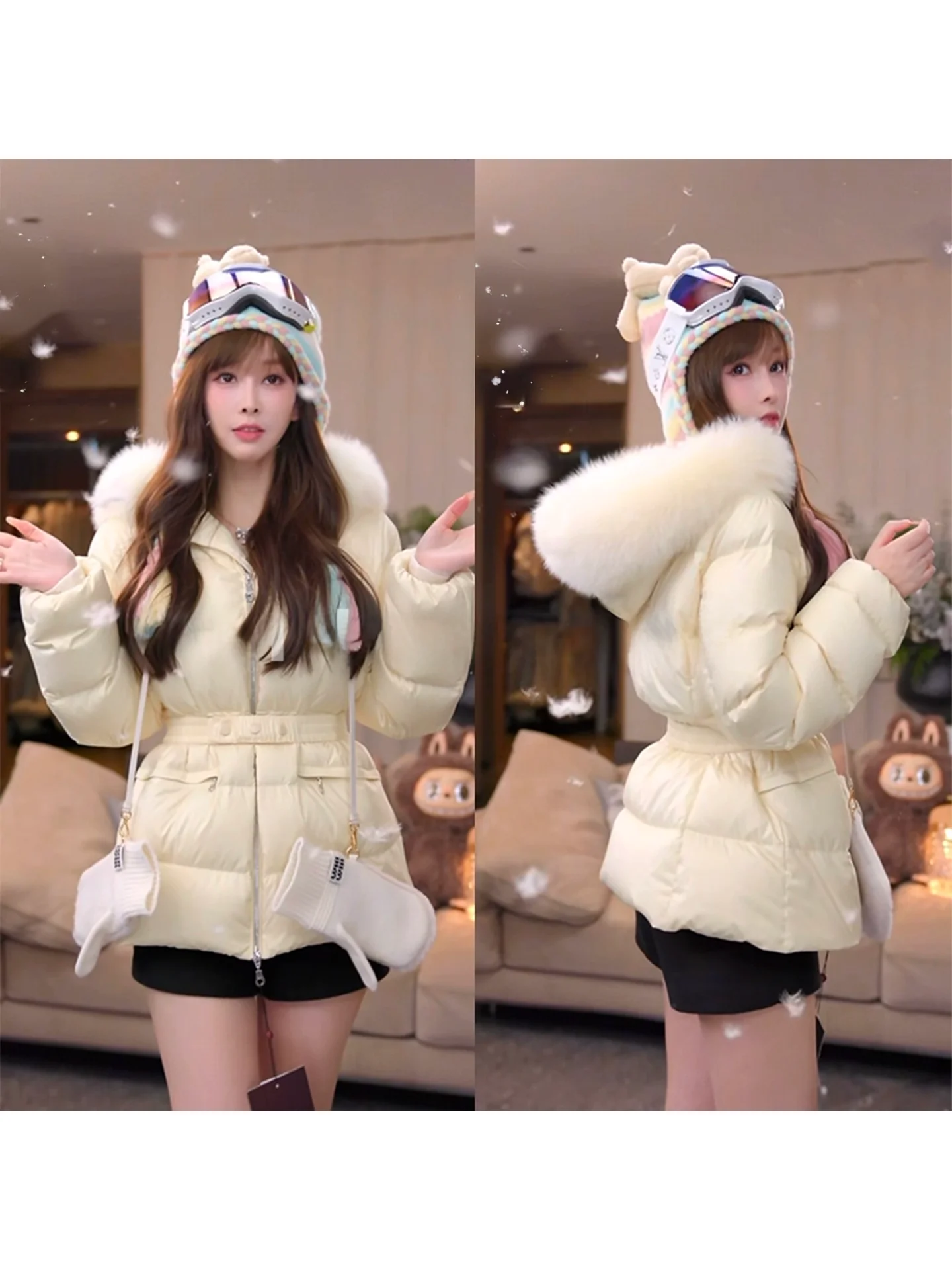 

Женская утепленная куртка-пуховик Mimius с большим меховым воротником, утягивающая талию, для тепла и комфорта, на пуху, уютная зимняя верхняя одежда