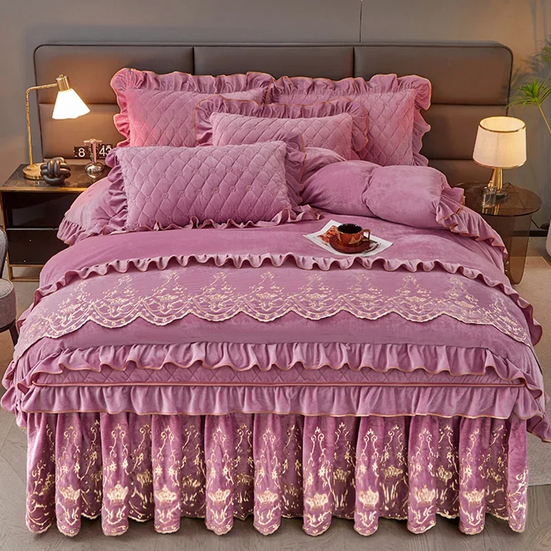 AI WINSURE-Embroidered Velvet Bedding Set, Duvet Cover, Queen King, Quilted Zippered Bed Skirt, Thick Bed Linen Set, Luxury