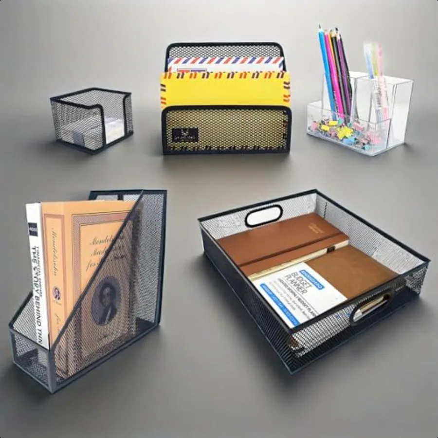 Настольные аксессуары, 5-компонентный черный офисный органайзер, набор лотков для файлов, держатель для журналов, чашка для ручек, держатель для липких заметок, сортировщик почты для писем f