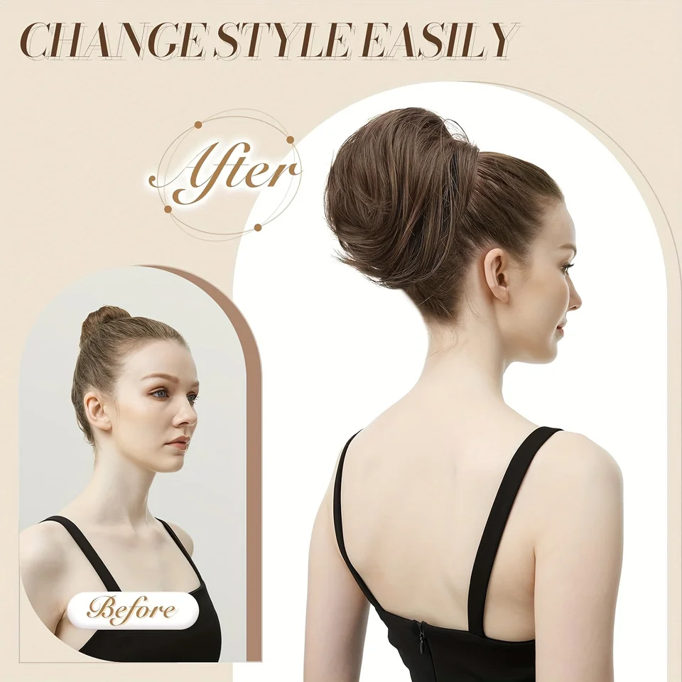 Moño de cabello sintético gris plateado liso, fácil de poner con cordón y clip, estilo básico 6