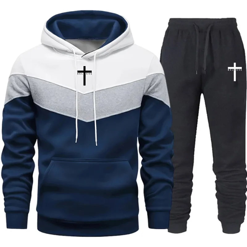 Jesus Cross Men Casual Sportswear Set Hooded Sweatshirt Winter Jogger Tracksuit Autumn Urban Fashion Hoodies Black Sweatpants