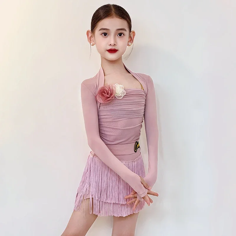 الفتيات الوردي اللاتينية ملابس الأطفال راقصة التدريب دعوى هامش تنورة تشا تشا سامبا السالسا ممارسة ارتداء طفل الزي اللاتينية