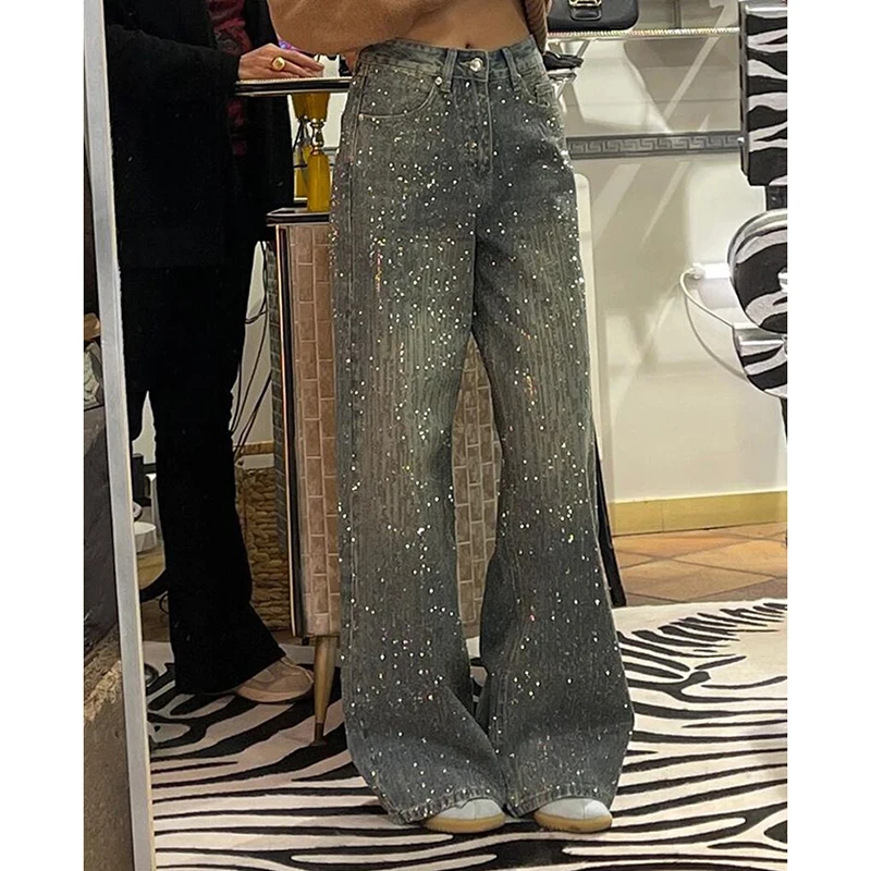 Damskie jeansy w stylu vintage z dżetami, luźne spodnie dżinsowe w stylu ulicznym, błyszczące, codzienne, patchworkowe, leniwe, proste, niebieskie spodnie.