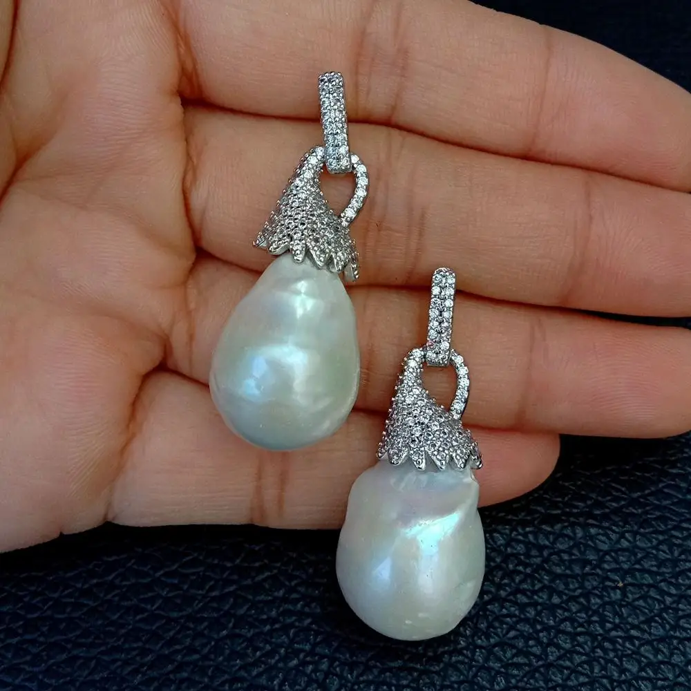YYGEM 14x21MM Cultured White Keshi Pearl White cz pave silver color plated Stud Earrings
