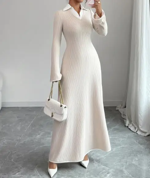 

Simple and Fashionable Style Solid Color Long Sleeved Dress Autumn and Winter Fashion Lapel Women's Waist Cinched A-Line Dress