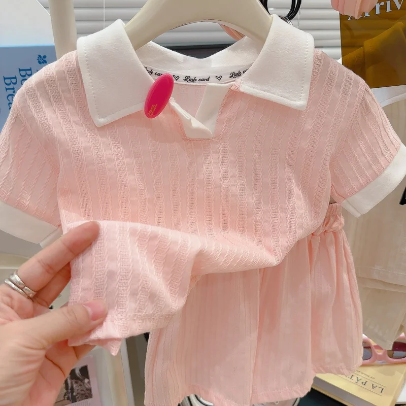 

Summer cottonpoloGirls' Knitted Jacquard Suit with Collar, Stylish and Cute for Little GirlsVCollared short-sleeved shorts