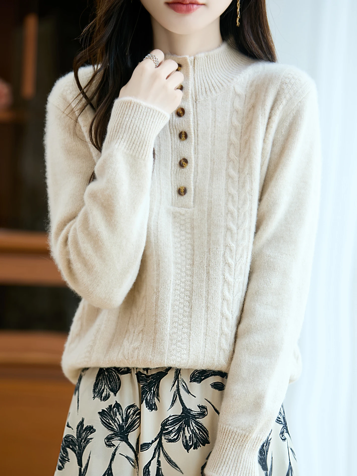 

TLOML Women's 100% Merino Wool Knitwear Cable Knit Half Button Mock Neck Pullover Autumn Winter Thick Soft Cashmere Sweater Tops