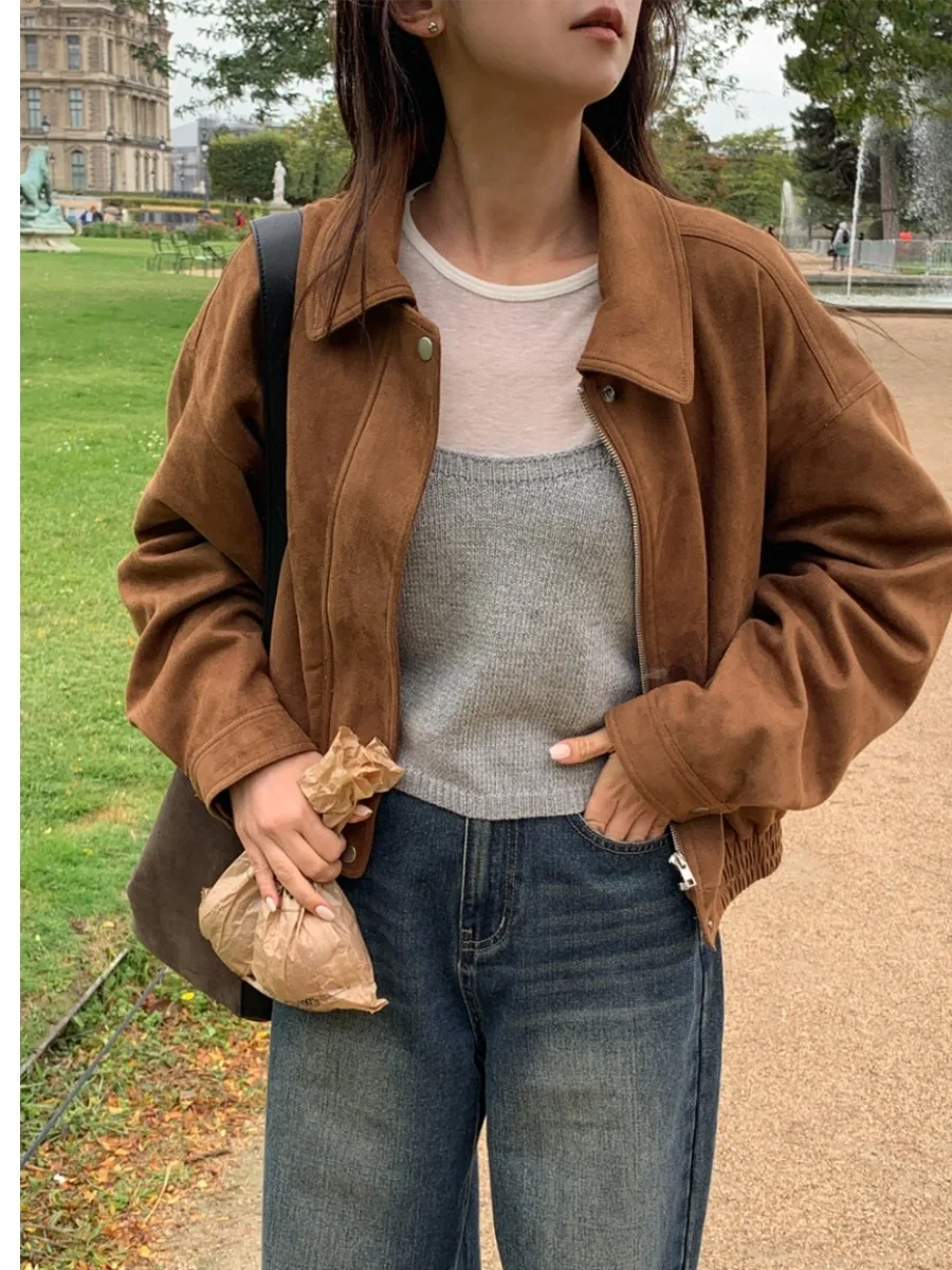 Retro Kurtka Motocyklowa z Zamkiem Błyskawicznym, Luźny Krój, Zamszowa, Długa, Elegancka Odzież Wierzchnia Damska na Jesień i Zimę, Idealna do Dojazdów do Pracy