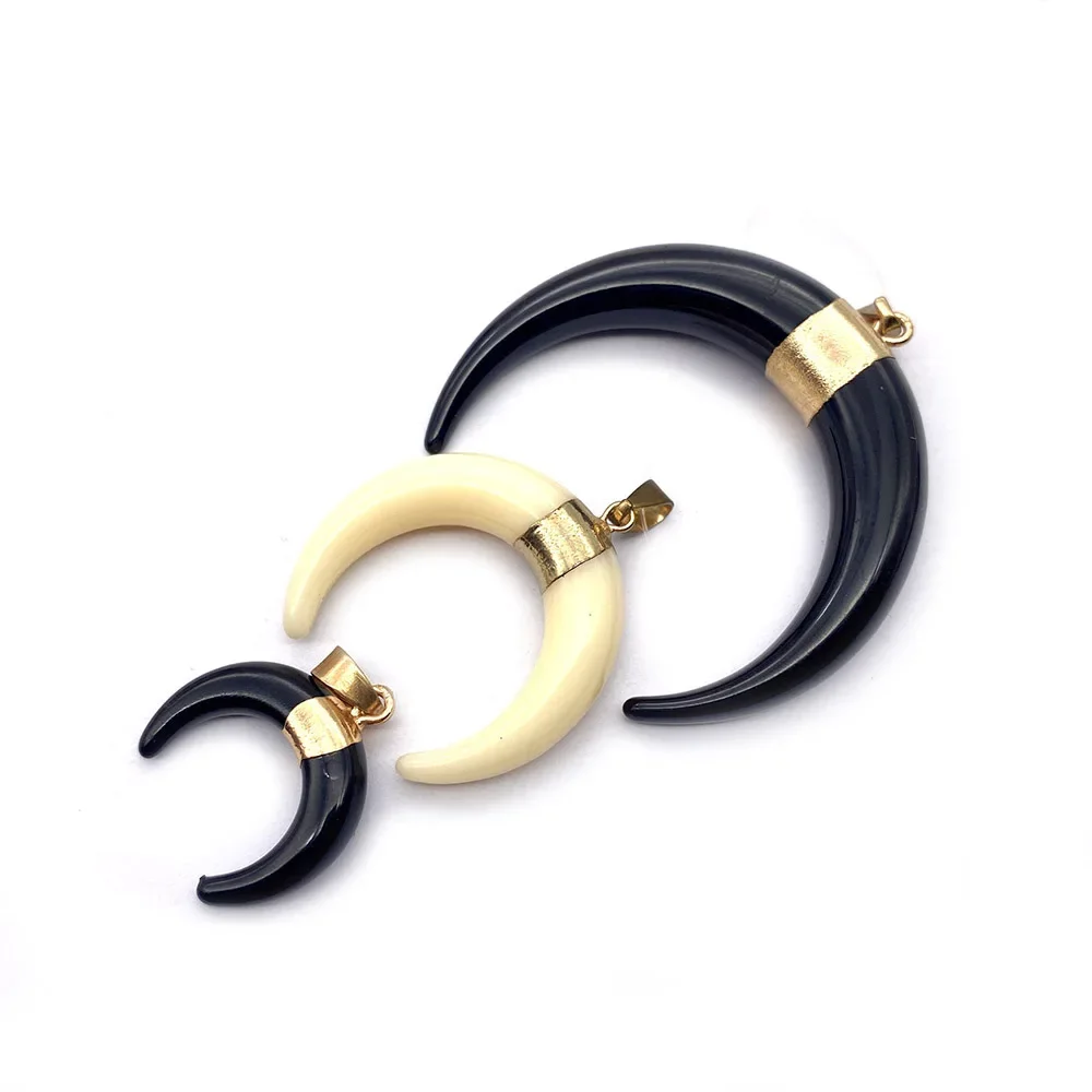Moon Shape Resin Bull Horn Vintage Pendant Black White Charm DIY Jewelry Fashion Making Necklace Earrings Accessories