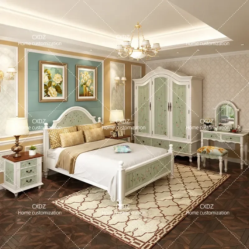 Modern Simple Solid Wood Queen Bed 1.5m Double Bed Bedroom Furniture Set Pastoral Style Whole House Combination