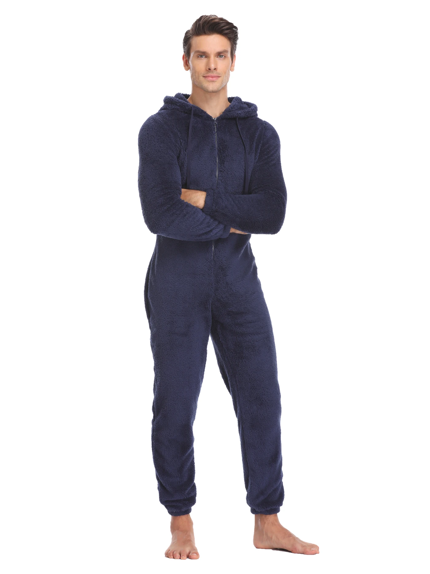 Men\'s Winter Warm Fluffy Teedy Fleece Pajama Onesie For Men Cozy Soft Warm Plush Fleece Jumpsuit Romper One Piece Hooded Pajama