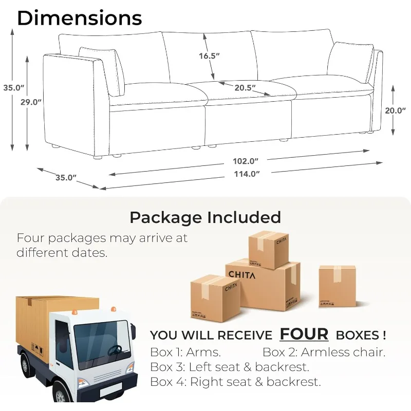 Sectional Modular Down Filled Sofa, Comfty Feather 3 Seat Cloud Couch, FSC Certified Modern Deep Seat Sectional for Living Room