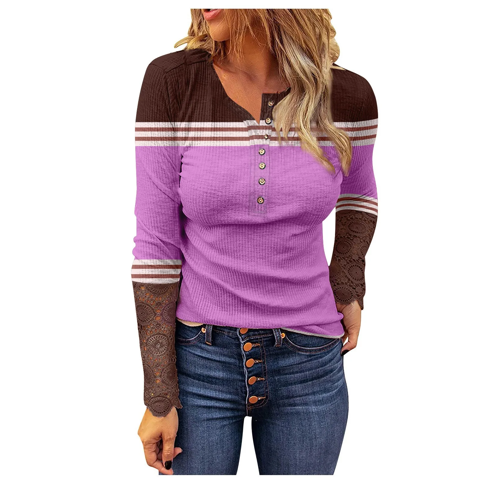 Striped Henley Shirt Women Fashion Long Sleeve Top Casual Button Down Autumn Trendy Soft V Neck Blouse Button Waffle Knit T1