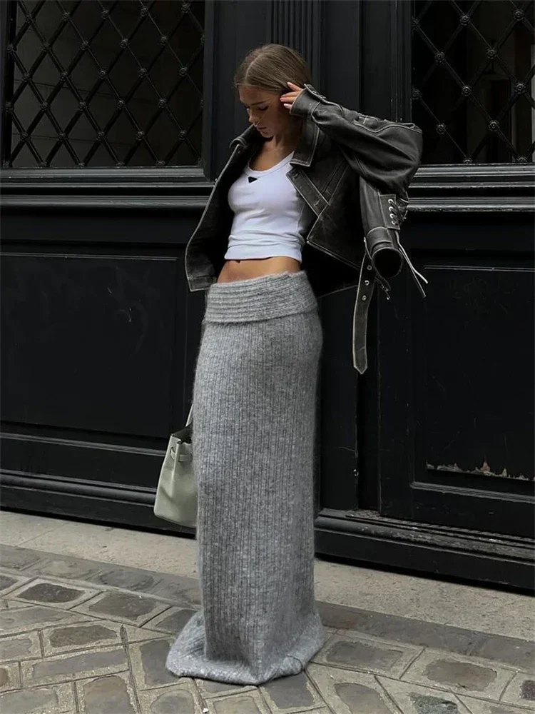 BWQ Knitted High Waist Long Skirts For Women 2024 Retro Casual Loose Maxi Skirt Women\'s Autumn Winter Elegant Skirt Female