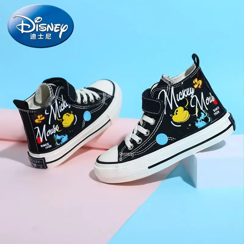 Mickey Girls Canvas Shoes 2024 New Fashion immagini reali di alta qualità Casual bambini Cartoon Graffiti High-top Boys Board Shoes