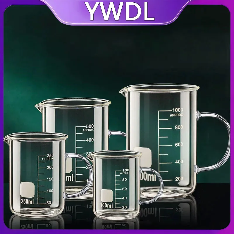 Kubek miarowy YWDL 50~1000ml z uchwytem, wykonany z wysokiej jakości szkła borokrzemianowego, przezroczysty z podziałką, zlewka laboratoryjna, kubek do odmierzania do kuchni i pieczenia.