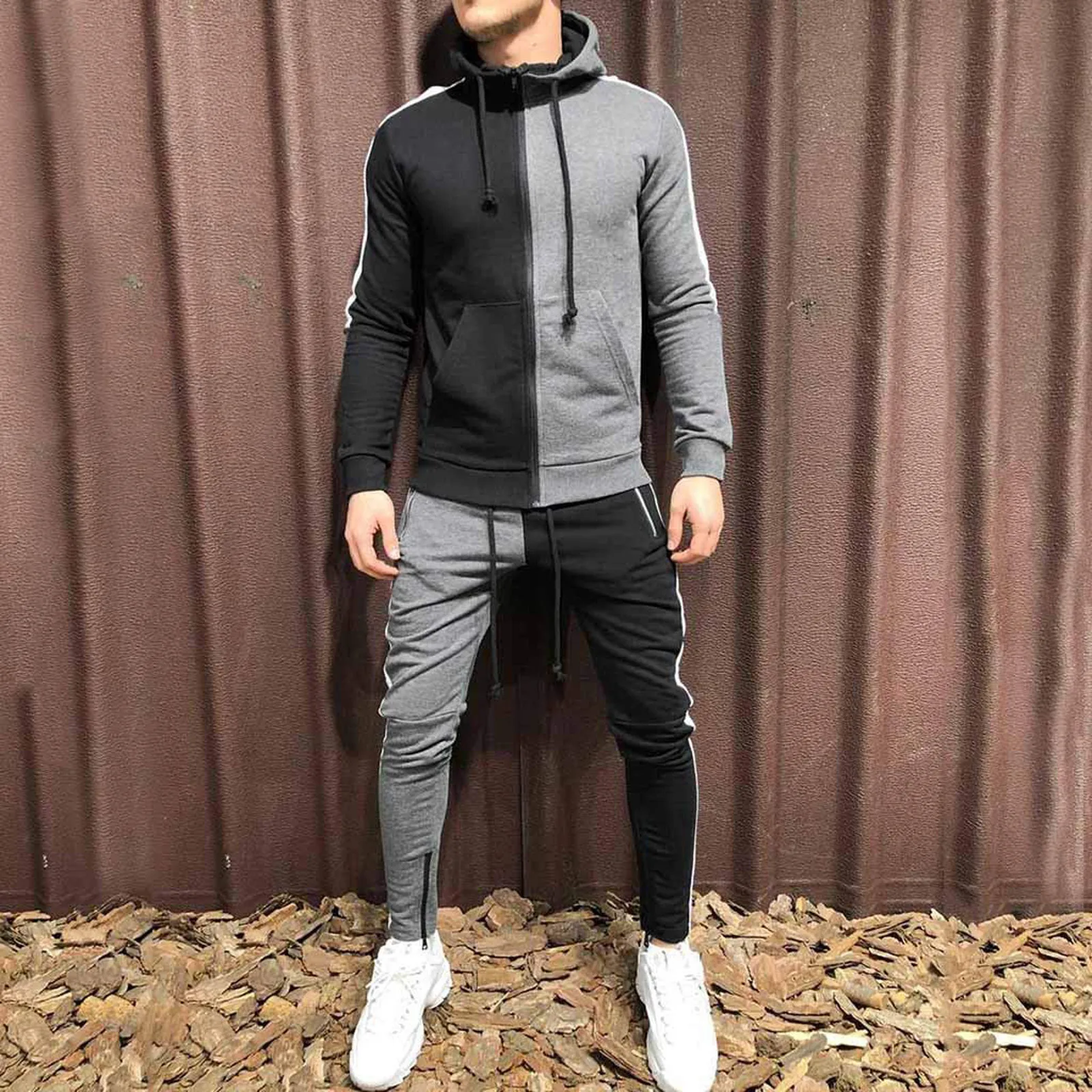 

Men'S Suit Contrast Color Hooded Sport Suit Men'S Trendy Suit Daily Street Splicing Leg Personality Sportswear Fitness Commuting