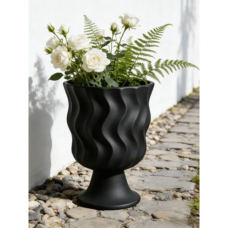 for Outdoor Black Wave Design Flower Pot Modern Resin Planter for Patio Garden Plant Container Weatherproof Yard Decor