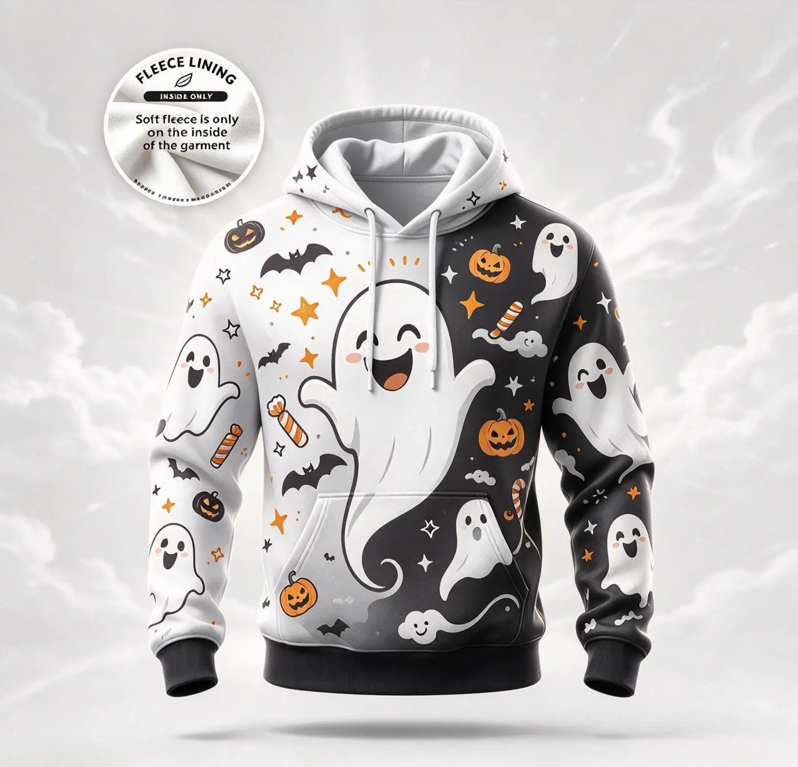 Men Halloween Cute Ghost Fleece Hoodie, Pumpkin Bat Star Candy Graphic Winter Sweatshirt