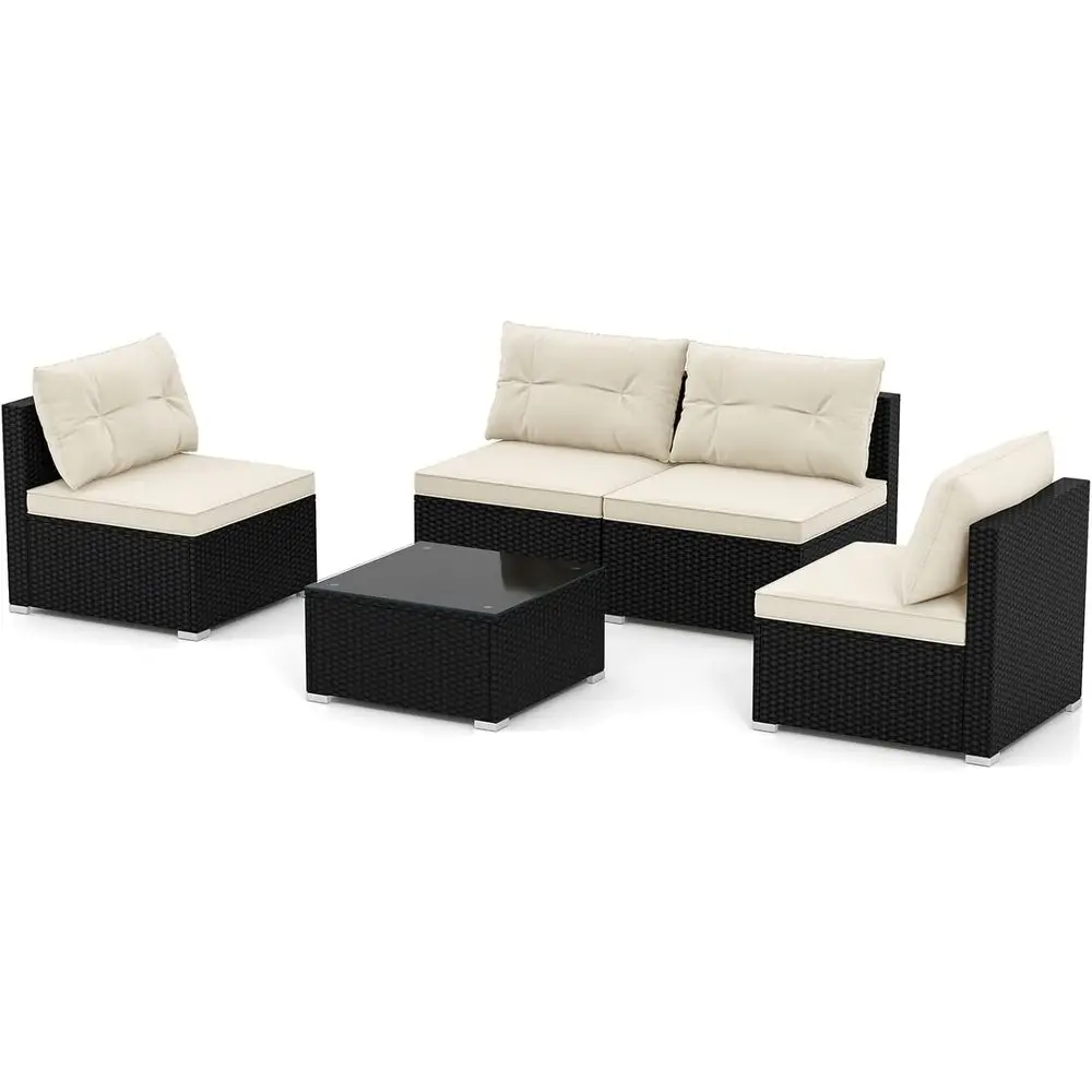 

5-Piece Outdoor Patio Furniture Set, Rattan Sectional Sofa with Glass Top Coffee Table, Seat and Back Cushions, Suitable for Bis