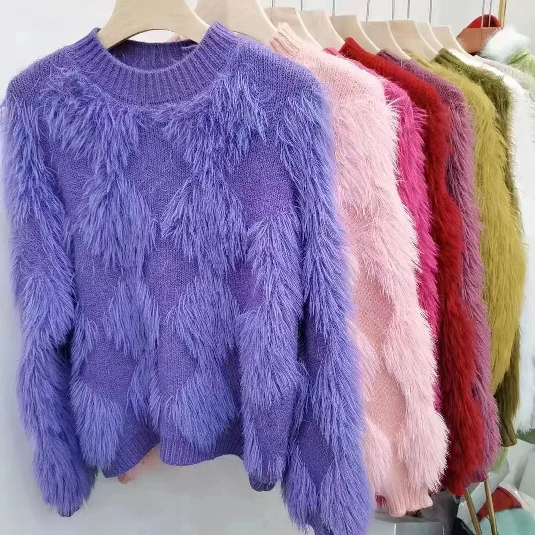 Fur Purple Fluffy Top Autumn Winter 2023 Loose Knitted Sweaters Women Long Sleeve Spring Tops Elegant Jumpers Knit Pullovers