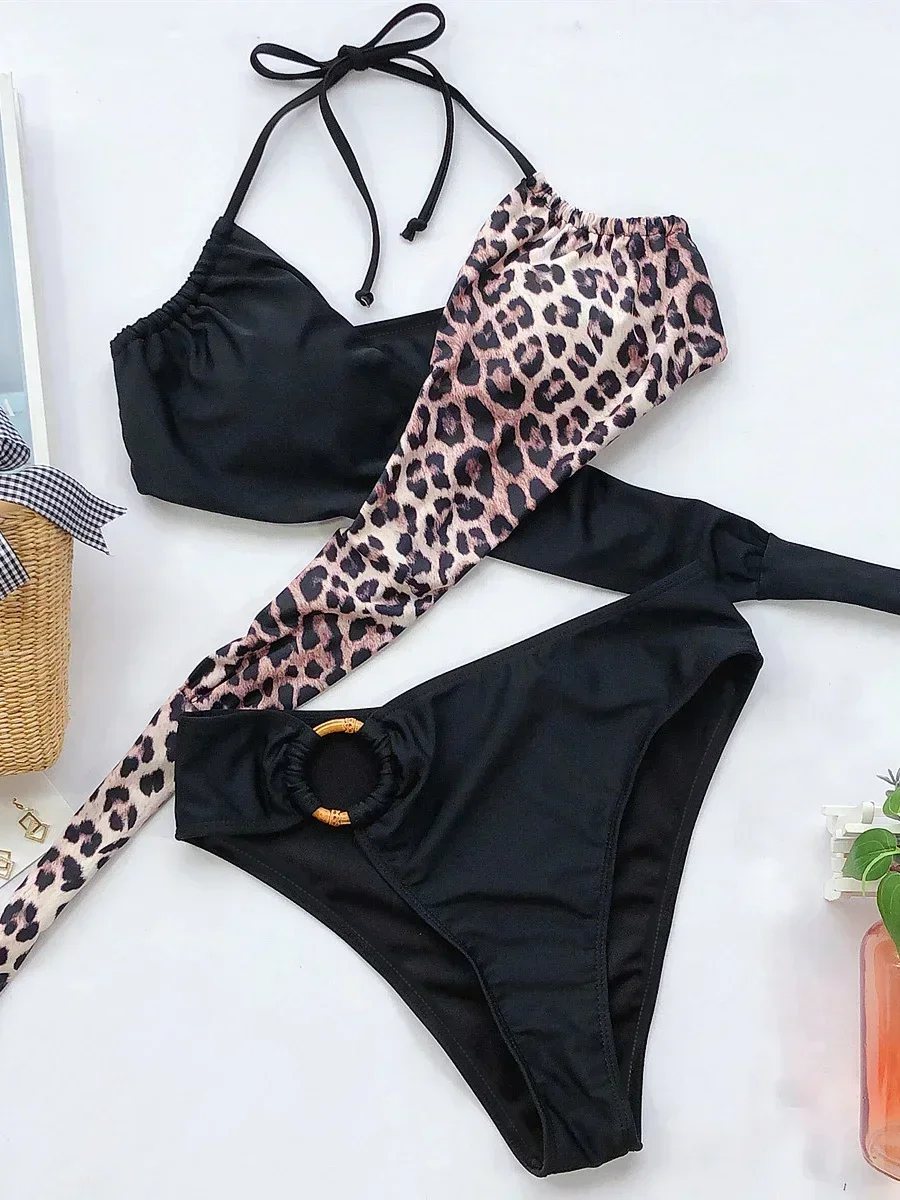 2025 halter emenda leopardo biquíni feminino maiô feminino banho de duas peças conjunto de biquíni anéis de metal maiô nadar beachwear