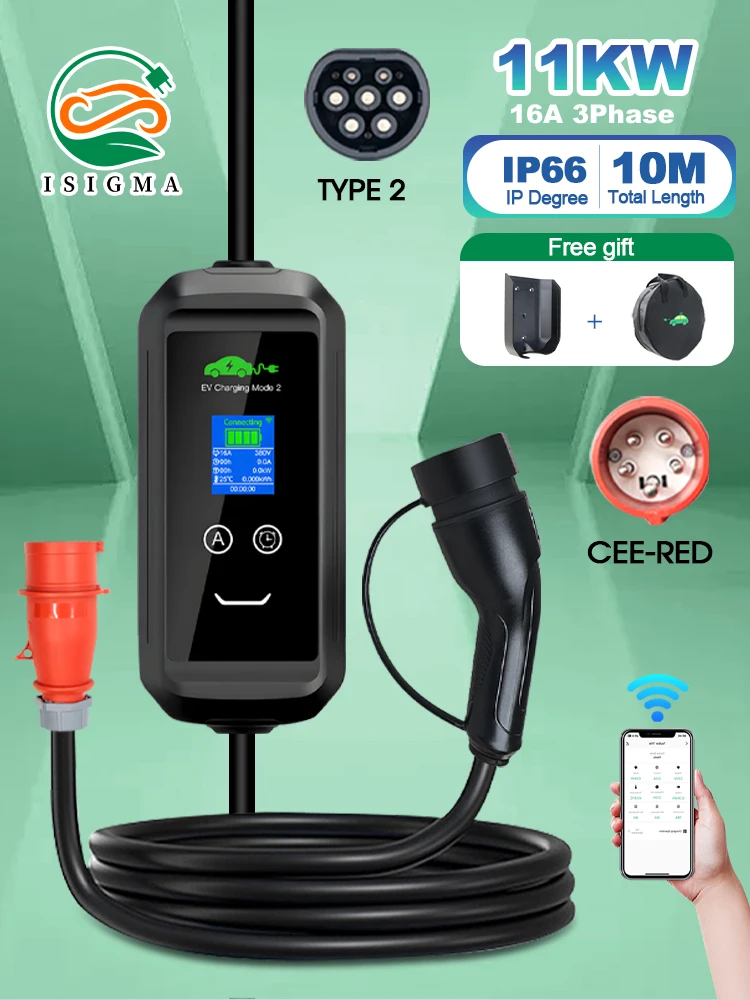 ISIGMA Tragbares EV-Ladegerät 11KW Typ 2 IEC 62169-2 EU-Standard Wallbox-Ladestation 16A 3P 380-450V Zeitverzögerung 1-15 Stunden Tuya App WLAN-Steuerung 10M Gesamtlänge inkl. Stromkabel für den