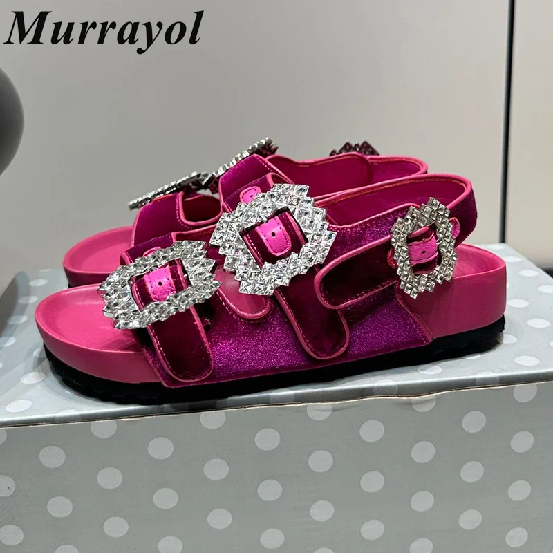 

New Open Toe Velvet Thick Bottom Slippers Women Rhinestone Square Buckle Decor Slippers Summer Outdoor Vacation Beach Shoes