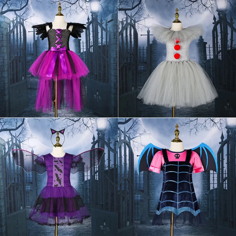 Halloween Costumes Maleficent Bloodsucker Witch Clown Terror Cosplay Dress For Girls Children's Clothes Carnival Party 2-12 Yrs